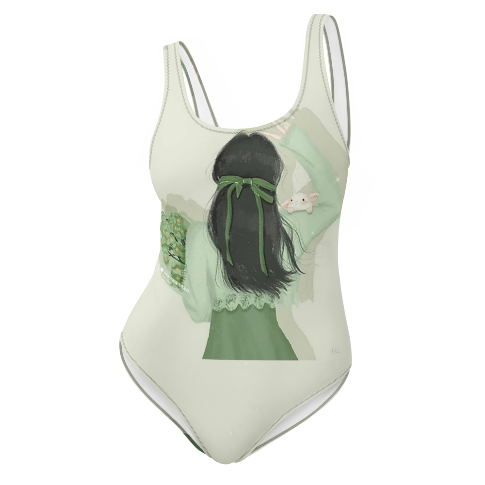 Sage Green Anime Girl One-Piece Swimsuit