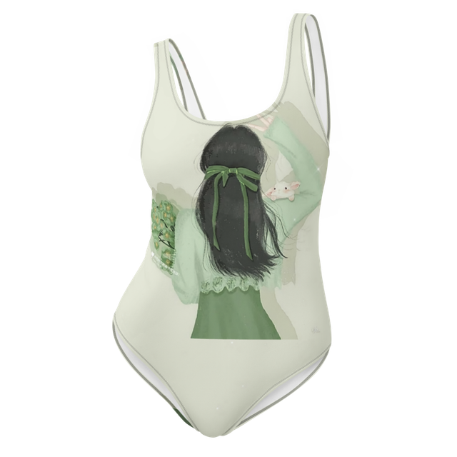 Sage Green Anime Girl One-Piece Swimsuit