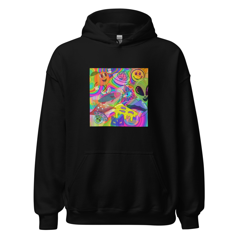black unisex hoodie with pouch trippy collage