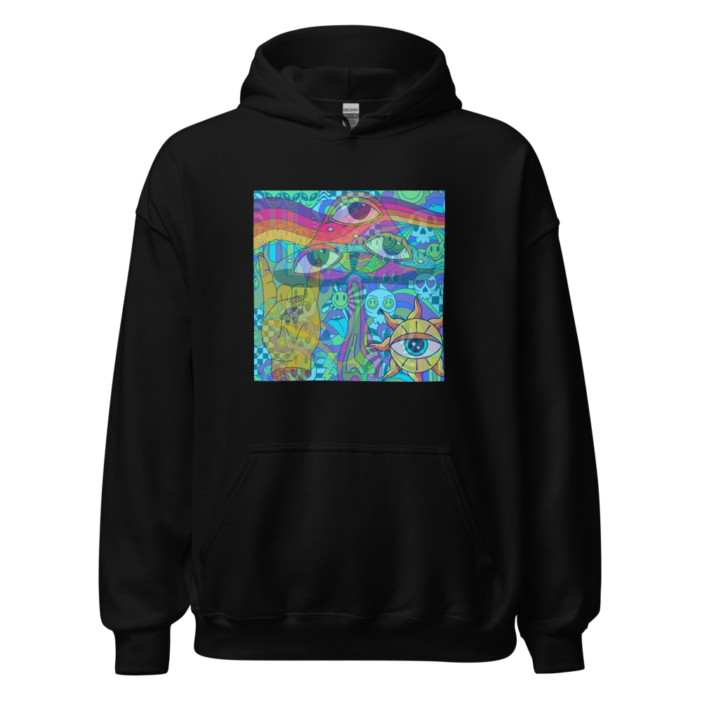 black unisex hoodie blue trippy collage