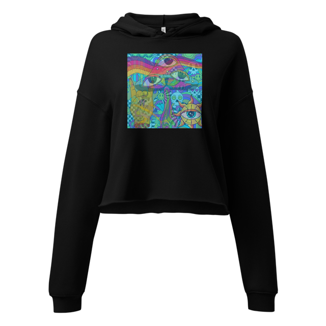 black cropped sweater w/ hood blue trippy collage
