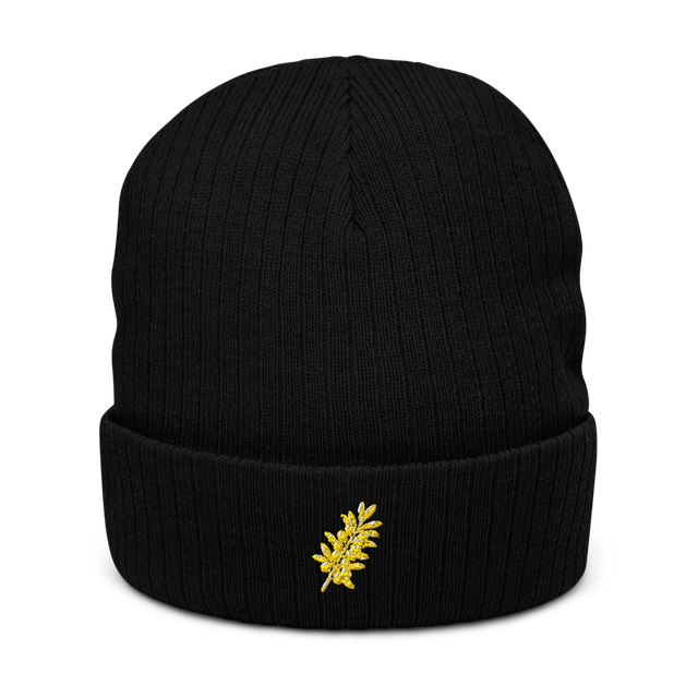 Alpha Print Black Ribbed Beanie With Gold Emblem