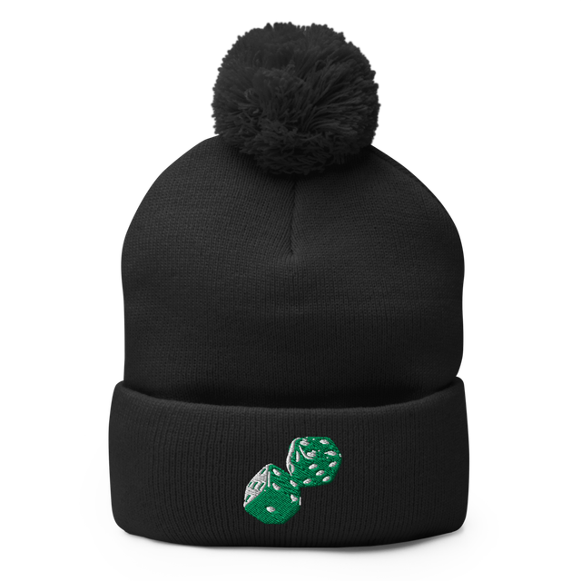 Alpha Print Black Pom Beanie With Green Dice