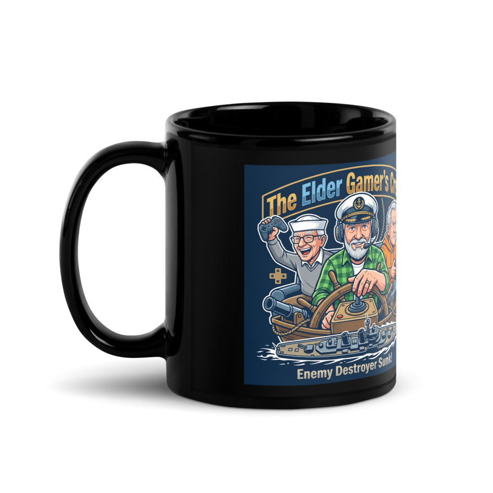 “The Elder Games’ Crew” Black Glossy Mug