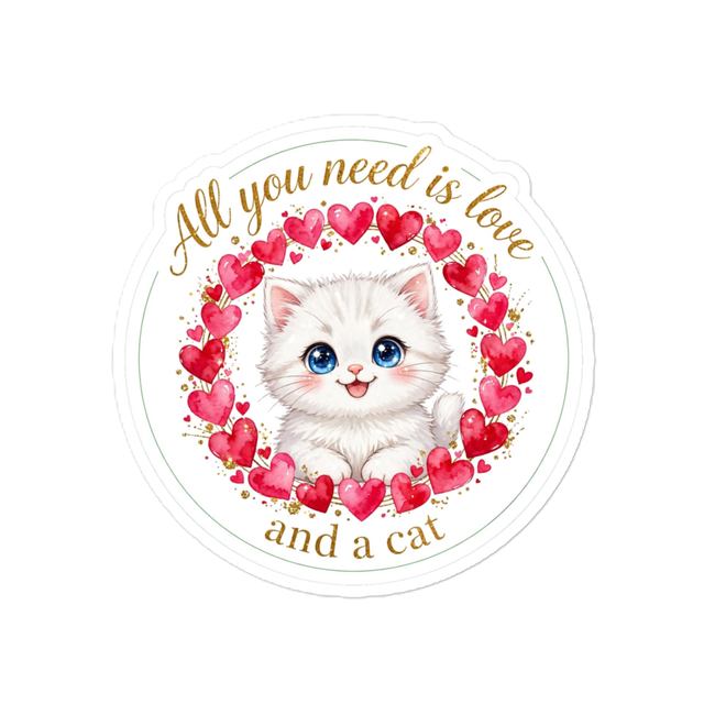 Cute Watercolor Cat & Hearts Love Sticker