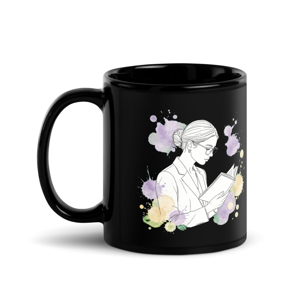 Girl Reading Book Watercolor Line Art Black Mug