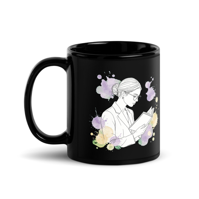 Girl Reading Book Watercolor Line Art Black Mug