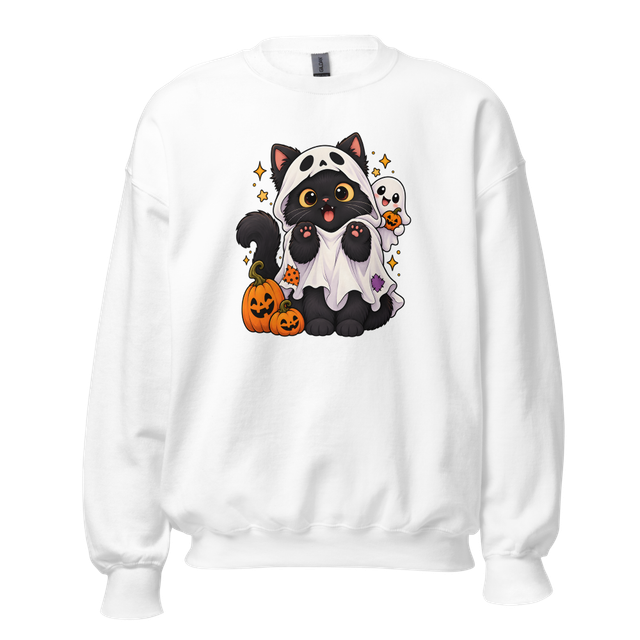 Cute Black Cat in Ghost Costume T Shirt Design.