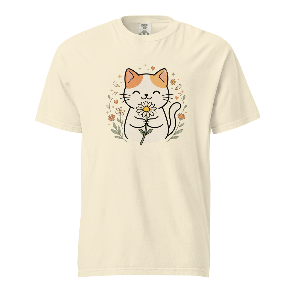 Vintage Smiling Calico Cat with Daisy Retro