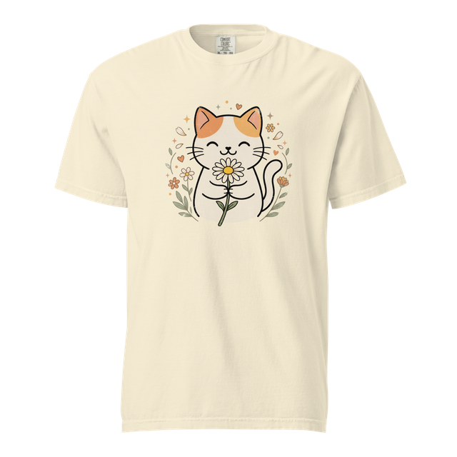 Vintage Smiling Calico Cat with Daisy Retro