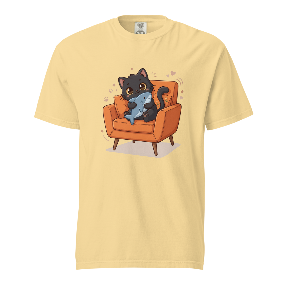 Cozy Black Cat & Shark Plush Armchair Illustration