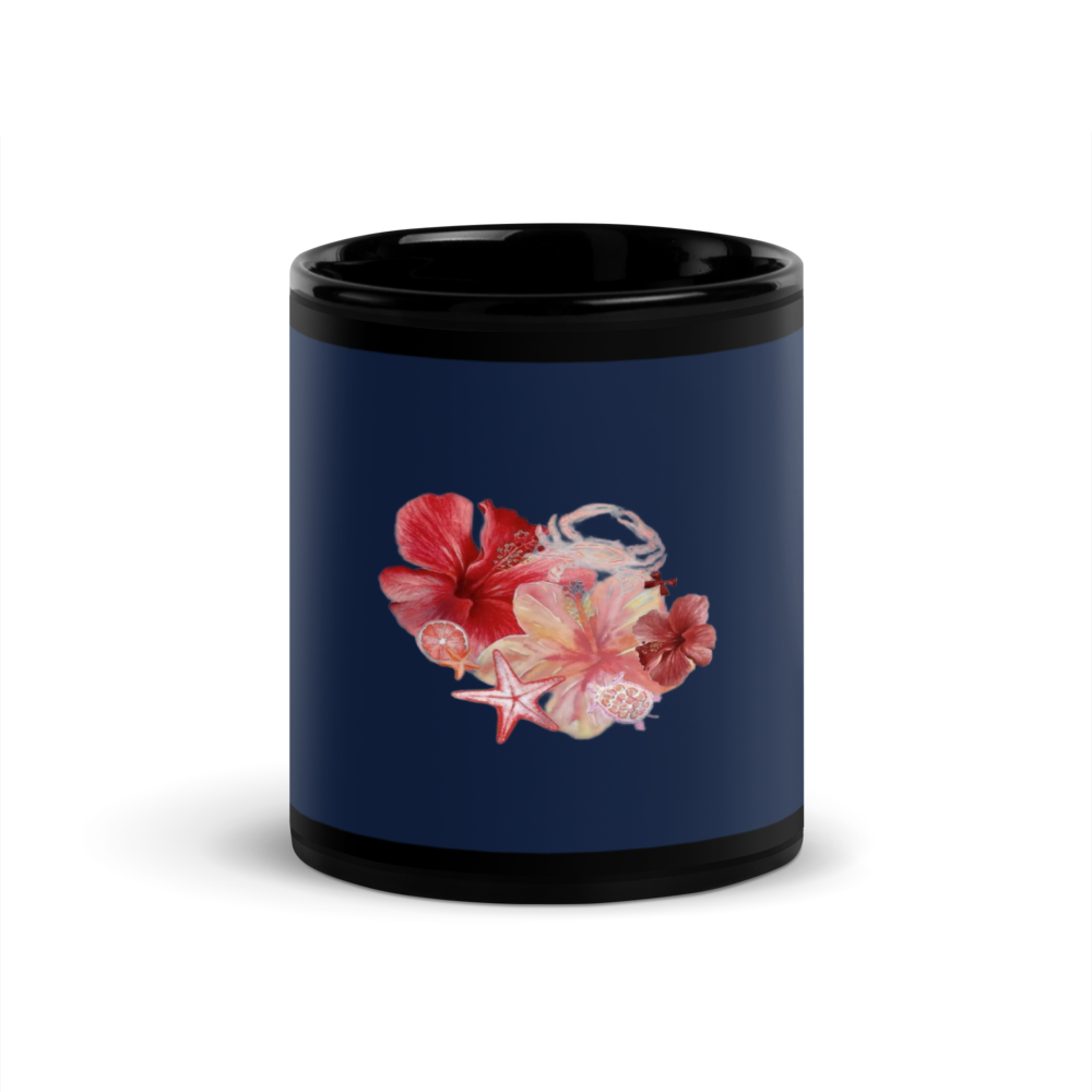Floral Hibiscus Black Glossy Mug