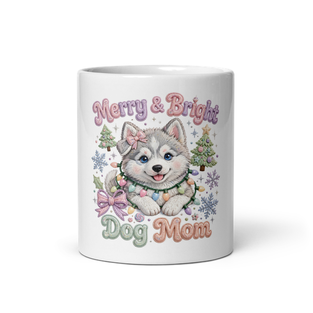 Merry & Bright Dog Mom Husky Christmas Mug