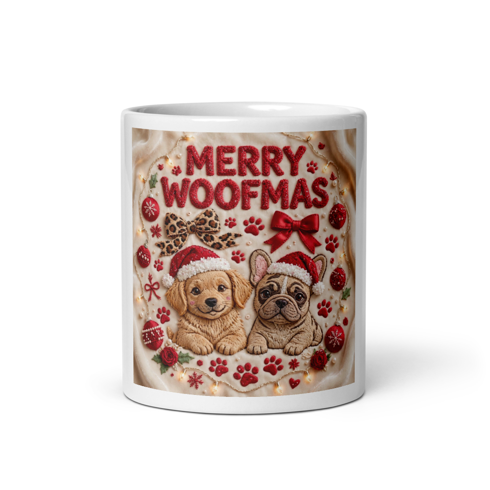 Red Merry Woofmas Embroidery Design Mugs