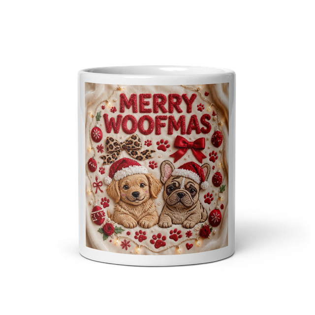Red Merry Woofmas Embroidery Design Mugs