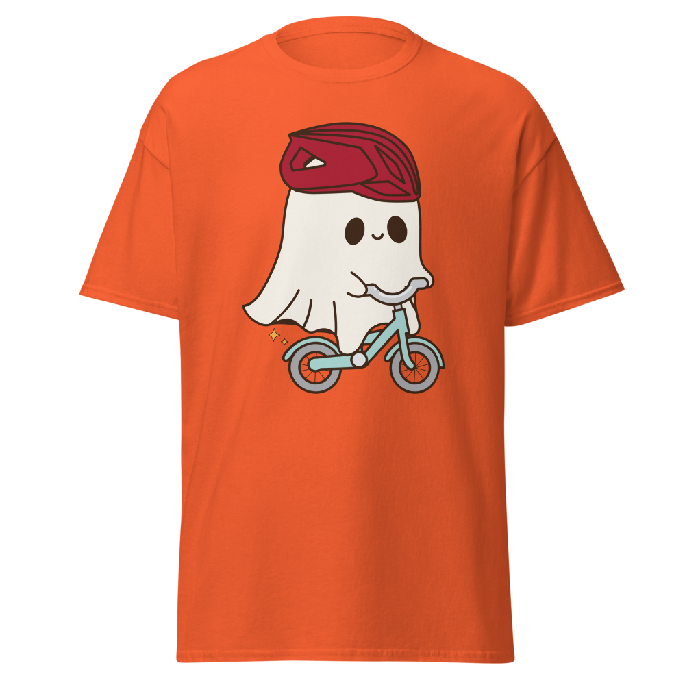 Cute halloween ghost riding a bike