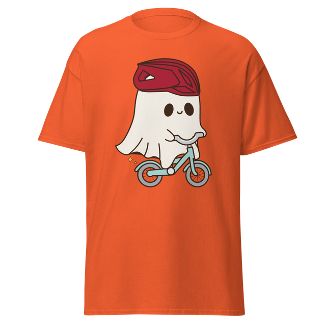 Cute halloween ghost riding a bike