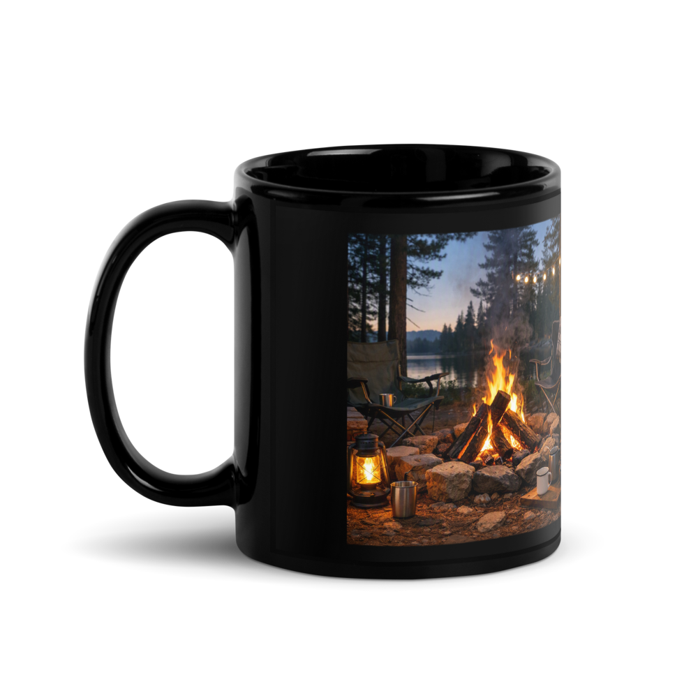 🏕️ The Cozy Campfire – Black Glossy Mug