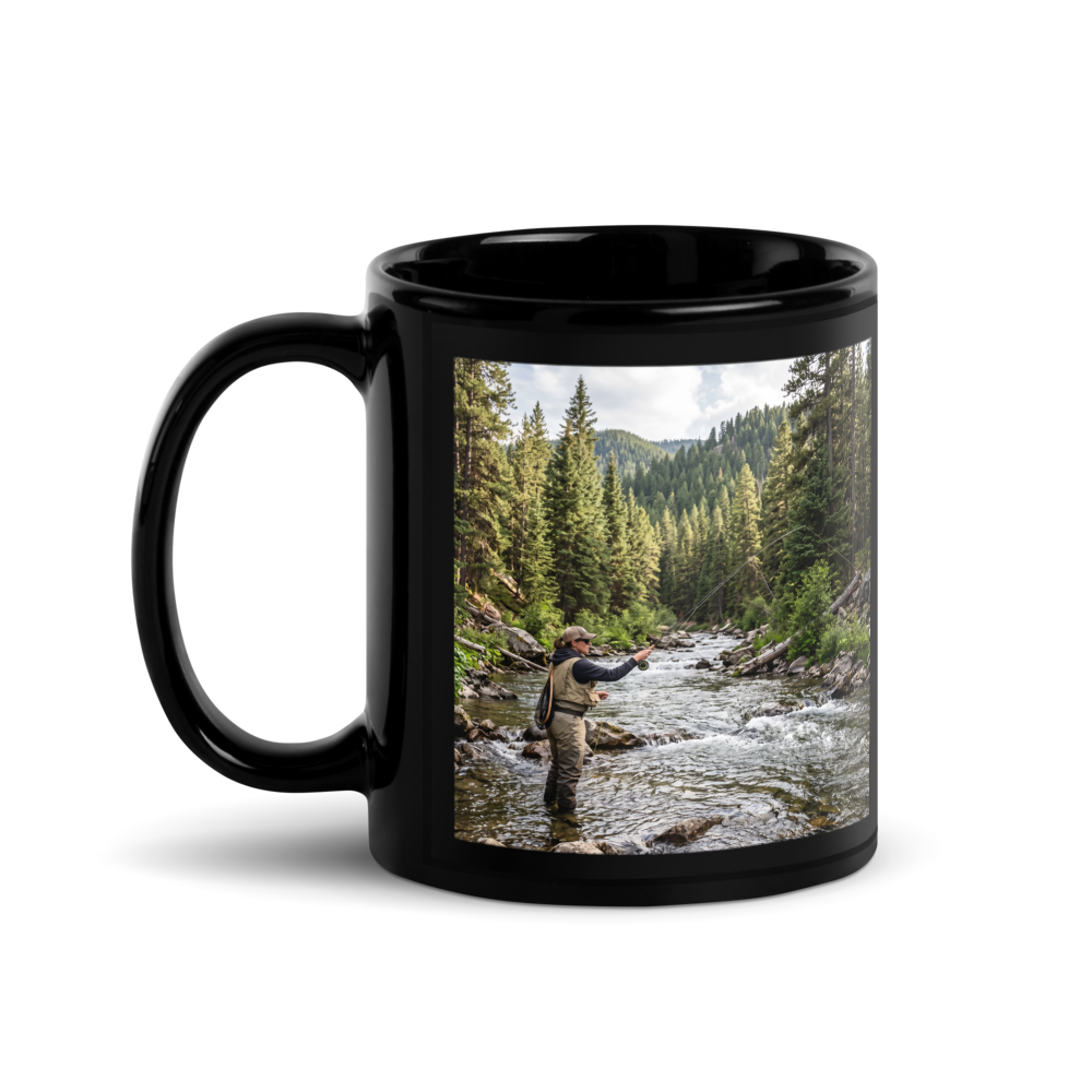 🎣 The River’s Calling – Black Glossy Mug