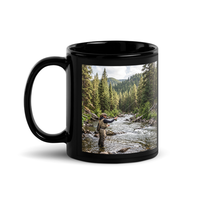 🎣 The River’s Calling – Black Glossy Mug