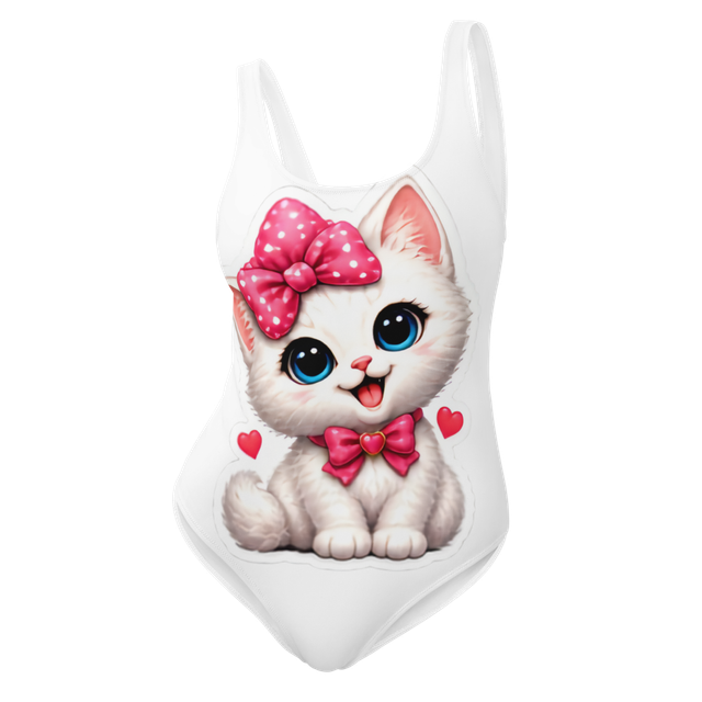 Adorable white cat with pink bow kawaii all-over p