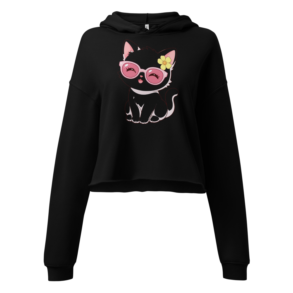 Cute Black Cat Pink Glasses Cropped Hoodie