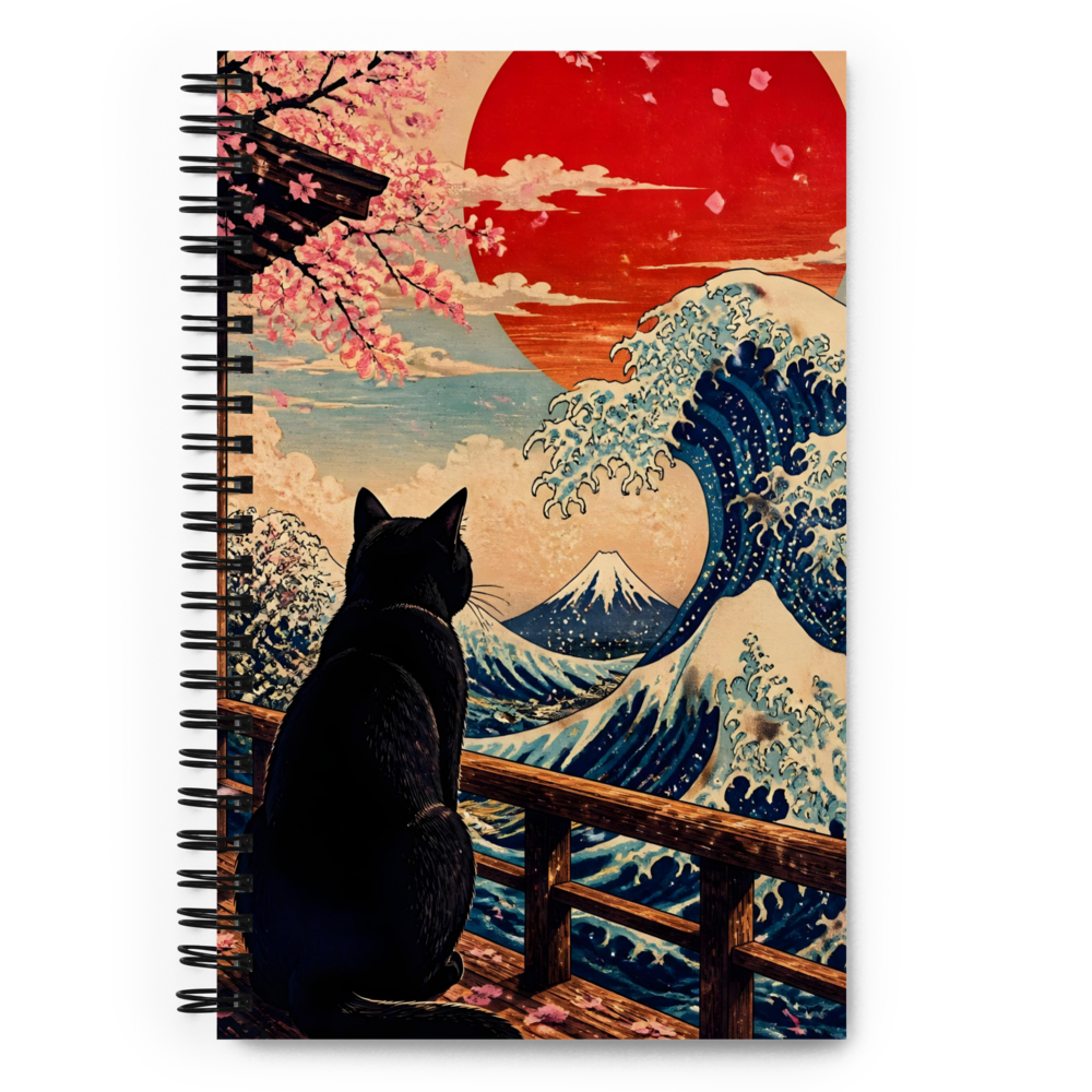 Japanese Wave Black Cat Spiral Notebook