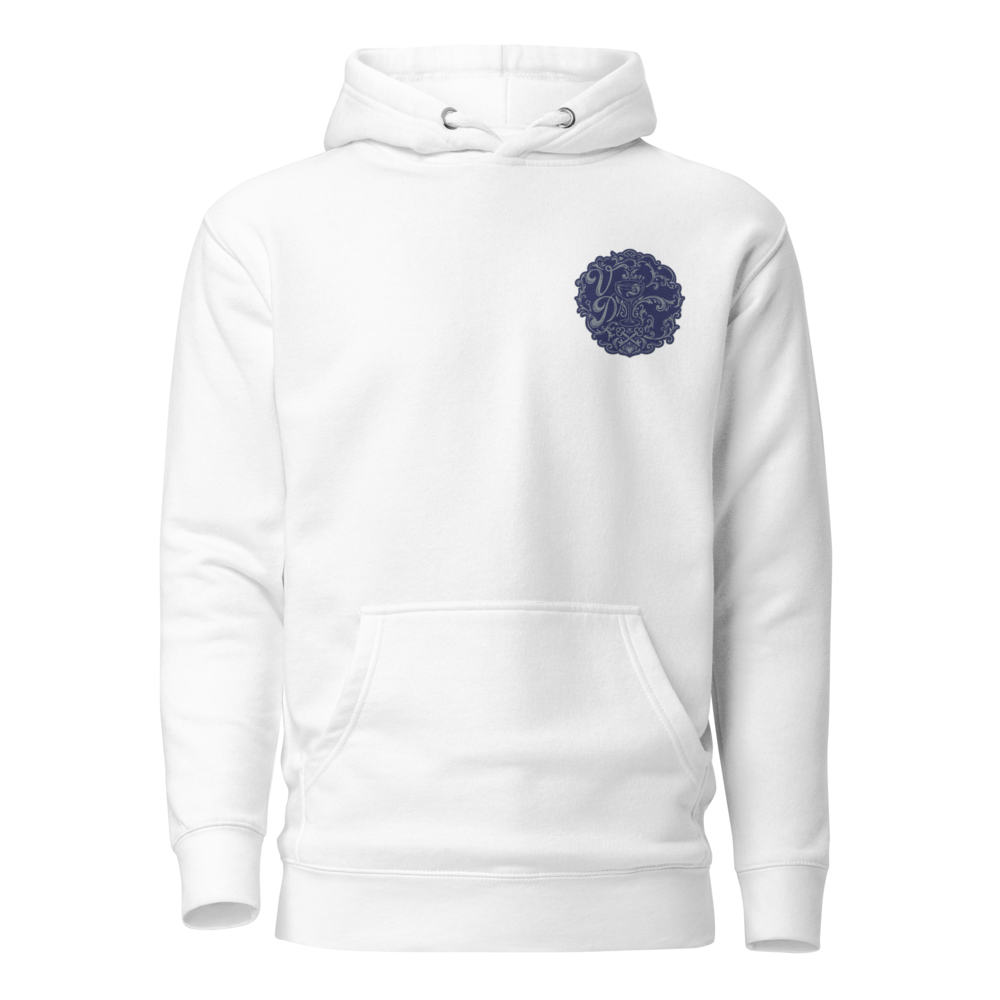 White Pullover Hoodie with Navy Blue Emblem Print