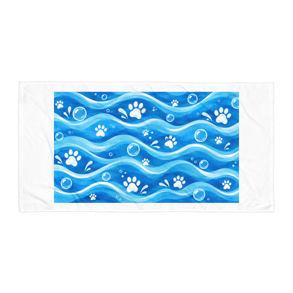 Paw Waves Dog Towel | Blue Paw Print Pet Bath & Be