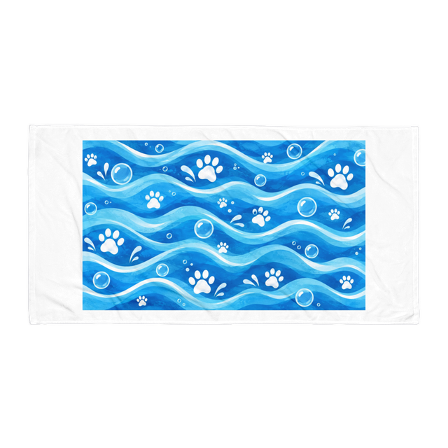 Paw Waves Dog Towel | Blue Paw Print Pet Bath & Be