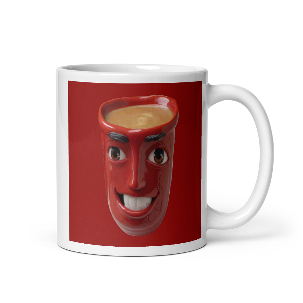 Smiling Red Cup of Coffee Red Background
