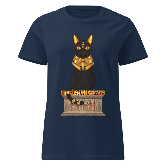 Gold jewelry and Egyptian cat pedestal